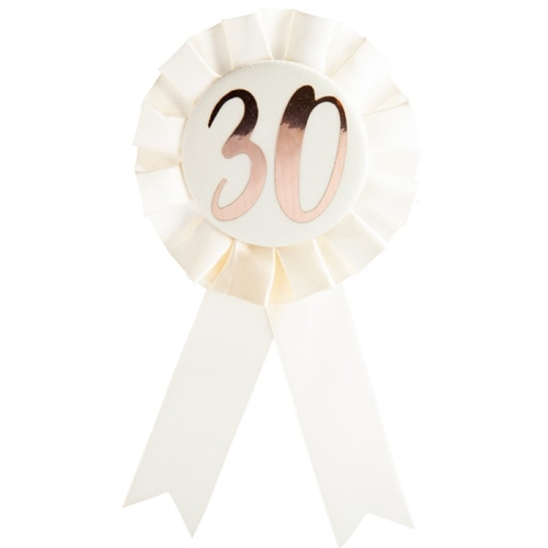 30th Birthday Rose Gold on White Rosette Badge - Main Image