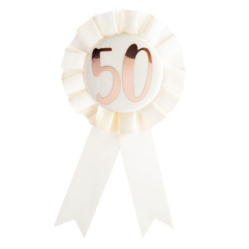 50th Birthday Rose Gold on White Rosette Badge - Main Image