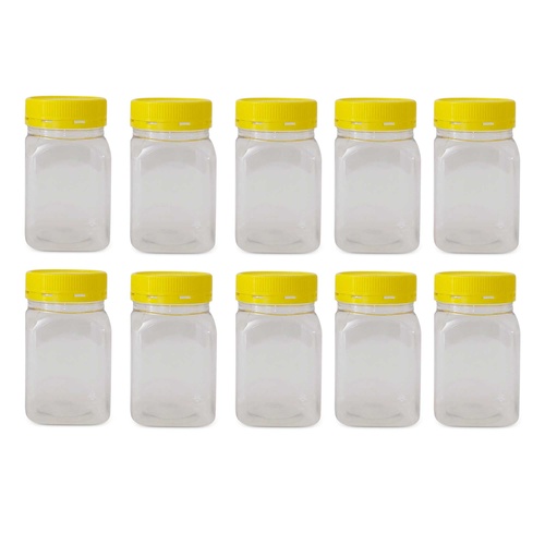 10x 500g Plastic Honey Jars + Lids - Square Clear Food Grade Packaging Containers - Main Image