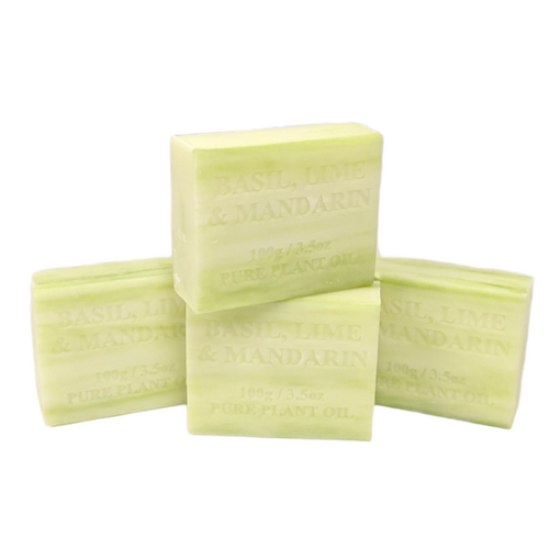 4x 100g Plant Oil Soap Basil Lime Mandarin Scent Pure Natural Vegetable Base Bar - Main Image