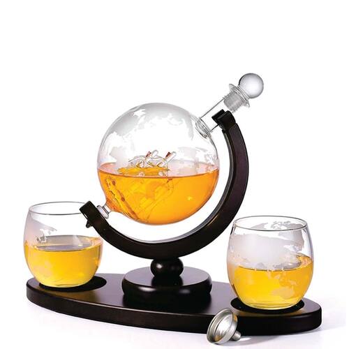 850ml Whiskey or Wine Globe Glass Decanter Set - 2x Glasses + Wooden Stand - Main Image