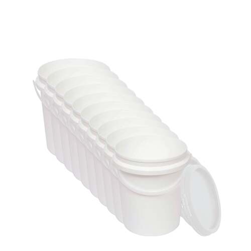 10x 1.2L Plastic Buckets + Lids - Food Grade Empty White Tub With Handle - Main Image