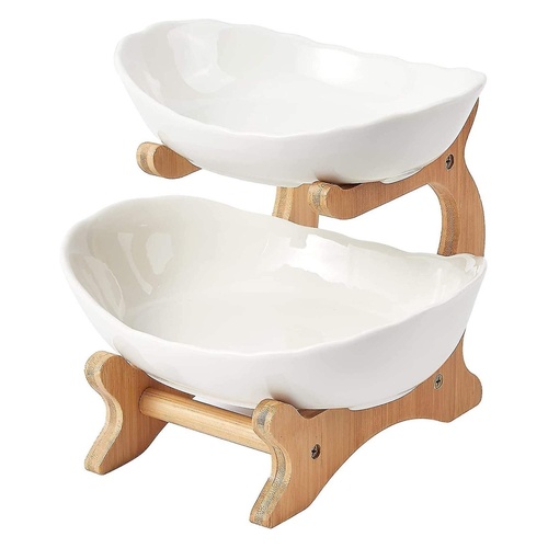 2 Tier Porcelain Fruit Bowl - Ceramic Vegetable Storage With Bamboo Stand - Main Image