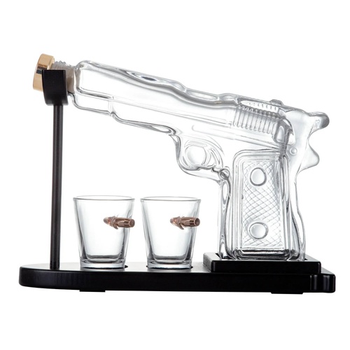 1.2L Whisky or Wine Decanter Glass Pistol Set - 2 Shot Glasses + Wooden Stand - Main Image