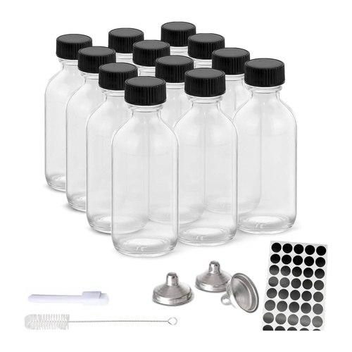 Kitchee 12x 60ml Small Glass Bottles + Lids Funnels Brush Labels Pen - Main Image