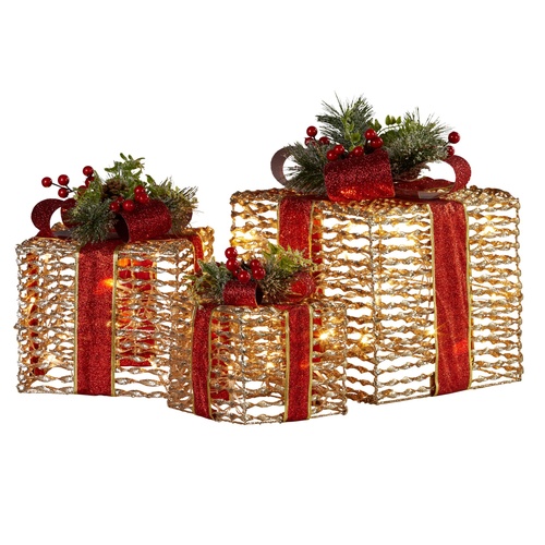 Swishmas Set Of 3 Christmas Gift Boxes With Lights - Champagne With Red Bows - Main Image