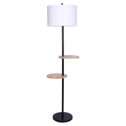 Sarantino Metal Floor Lamp Shade with Black Post in Round Wood Shelves - Main Image