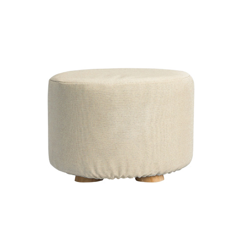 Fabric Ottoman Round Wooden Leg Foot Stool - BEIGE - Main Image