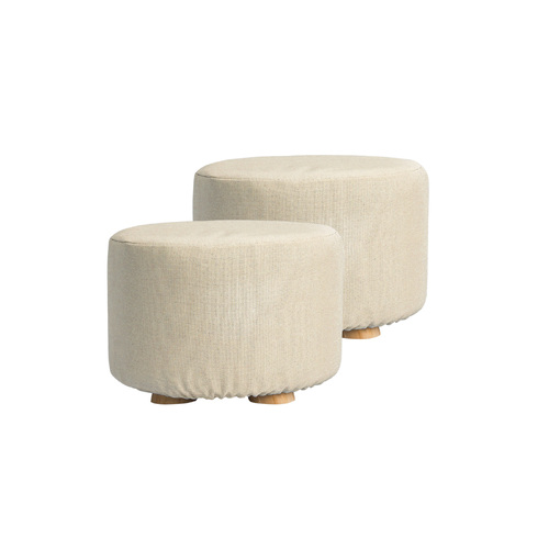 2X Fabric Ottoman Round Wooden Leg Foot Stool - BEIGE - Main Image