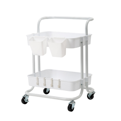 Trolley Cart Storage Utility Rack Shelf Organiser Swivel Kitchen 2 Tier WHITE - Main Image