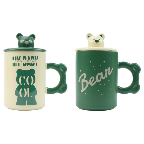 2X High-Fired Ceramic Porcelain Mug Set with Lid 400ml Bear w Tea Spoon GREEN - Main Image