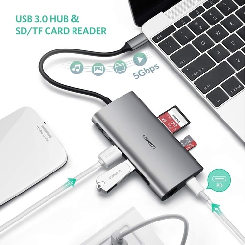 UGREEN Type C 8 in 1 Multifultion adaptor VGA/RJ45/USB3.0 x 3/SD/TF/TypeC PD Protocal (50539) - Main Image