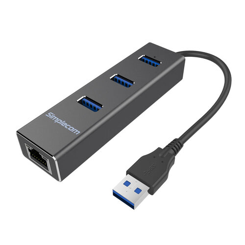 Simplecom CHN410 Aluminium 3 Port USB 3.0 HUB with Gigabit Ethernet Adapter 1000Mbps Black - Main Image