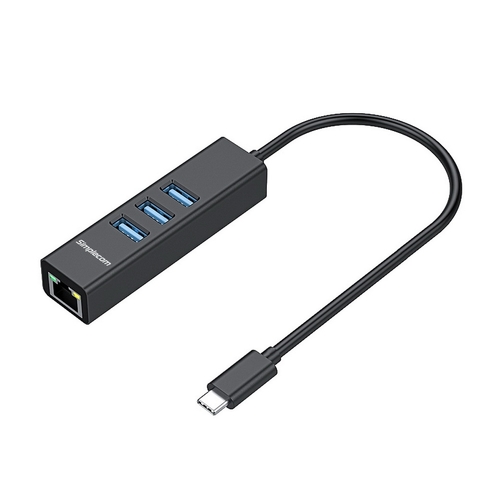 Simplecom CHN421 Aluminium USB-C to 3 Port USB HUB with Gigabit Ethernet Adapter Black - Main Image