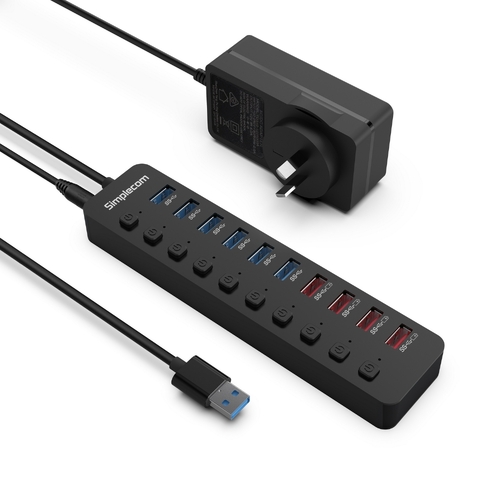 Simplecom CHU810 48W 10-Port USB 3.0 Hub and Charger with Individual Switches 12V/4A Power Adapter BC1.2 Fast Charging - Main Image