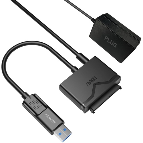 BENFEI 221BK USB 3.0 to SATA III Hard Drive Adapter for 2.5/3.5-inch HDD/SSD with 12V/2A Power Adapter, Support UASP - Main Image
