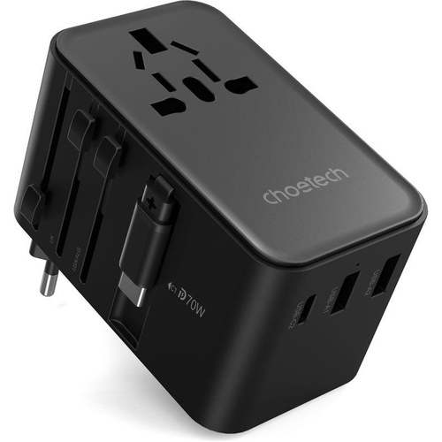 CHOETECH PD5022 70W EU/US/AUS/UK Travel Adapter with Built-in USB-C Cable - Black - Main Image