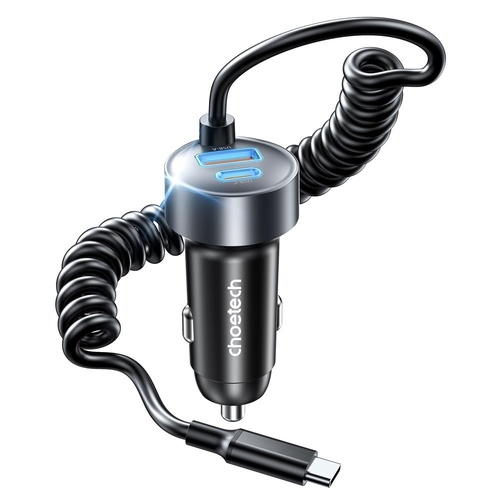 CHOETECH TC0030 65W 3-Port Fast Car Charger with 3.3ft Type-C Stretchable Cable - Main Image