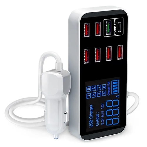 8-Port PD+QC3.0 Car Charger with LED Display - Main Image