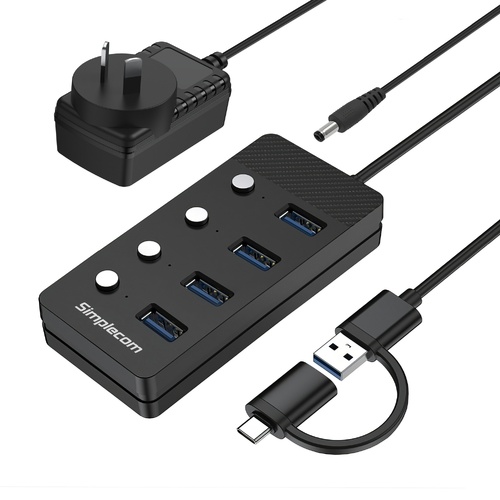 Simplecom CH345C SuperSpeed USB-A and USB-C to 4-Port USB 3.0 Hub 5Gbps Individual Switches and Power Adapter - Main Image