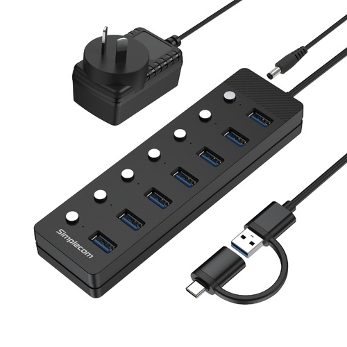 Simplecom CH375C USB-A and USB-C to 7-Port USB 3.0 Hub 5Gbps Individual Switches and Power Adapter - Main Image