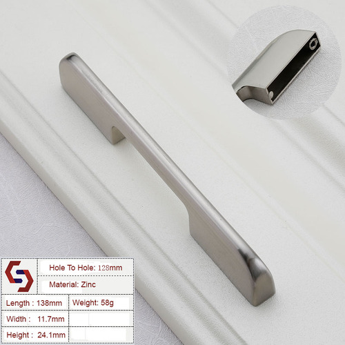 Zinc Kitchen Cabinet Handles Drawer Bar Handle Pull brushed silver color hole to hole size 128mm - Main Image