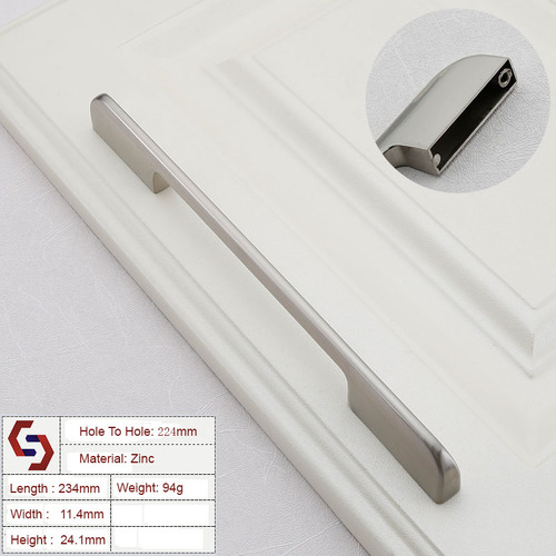 Zinc Kitchen Cabinet Handles Drawer Bar Handle Pull brushed silver color hole to hole size 224mm - Main Image