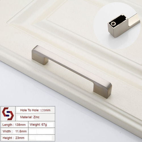 Zinc Kitchen Cabinet Handles Drawer Bar Handle Pull brushed silver color hole to hole size 128mm - Main Image