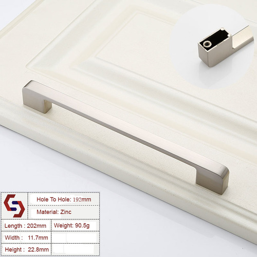 Zinc Kitchen Cabinet Handles Drawer Bar Handle Pull brushed silver color hole to hole size 192mm - Main Image