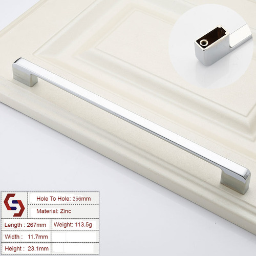 Zinc Kitchen Cabinet Handles Drawer Bar Handle Pull silver color hole to hole size 256mm - Main Image