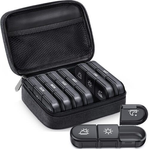 Weekly Pill Organizer 3 Times a Day Pill Box Daily Pill Case Vitamin, Medicine Case Black - Main Image