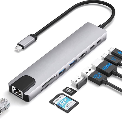 8in1 USB C Adapter 4K HDMI PD USB C Port USB 3.0 RJ45 SD/TF Card Reader Docking Station MacBook Ipad Pro Laptop - Main Image