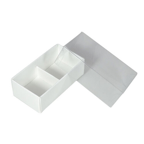 10 Pack of White Card Chocolate Sweet Soap Product Reatail Gift Box - 2 Bay Compartments - Clear Slide On Lid - 8x4x3cm - Main Image