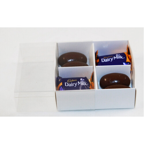10 Pack of White Card Chocolate Sweet Soap Product Reatail Gift Box - 4 Bay Compartments - Clear Slide On Lid - 8x8x3cm - Main Image
