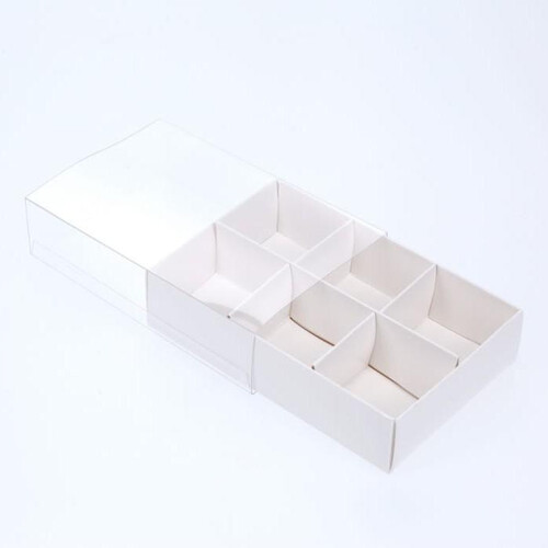10 Pack of White Card Chocolate Sweet Soap Product Reatail Gift Box - 6 Bay Compartments - Clear Slide On Lid - 12x8x3cm - Main Image