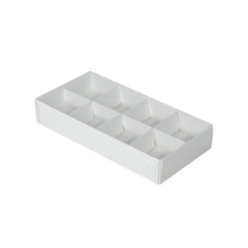 10 Pack of White Card Chocolate Sweet Soap Product Reatail Gift Box - 8 bay 3cm Compartments - Clear Slide On Lid - 16x8x3cm - Main Image
