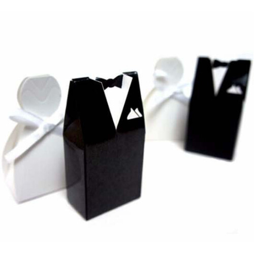 50 Pack of 25 Bride Gown and 25 Groom Tux Wedding Bridal Bomboniere Favor Candy Choc Almond Box - NW - Main Image
