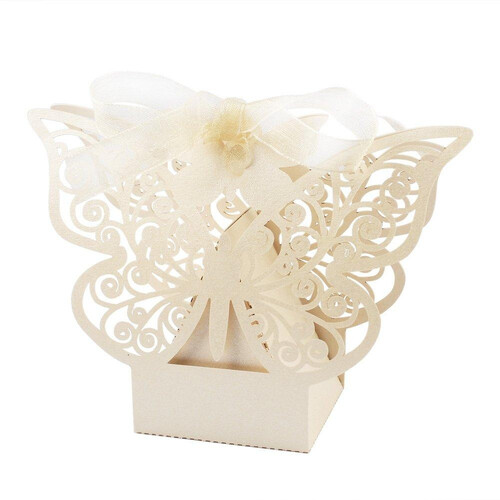 Ivory Cream Butterfly Wedding Engagement Party Bomboniere Favour Lolly Gift Almond Card Box - 10 Pack - Main Image