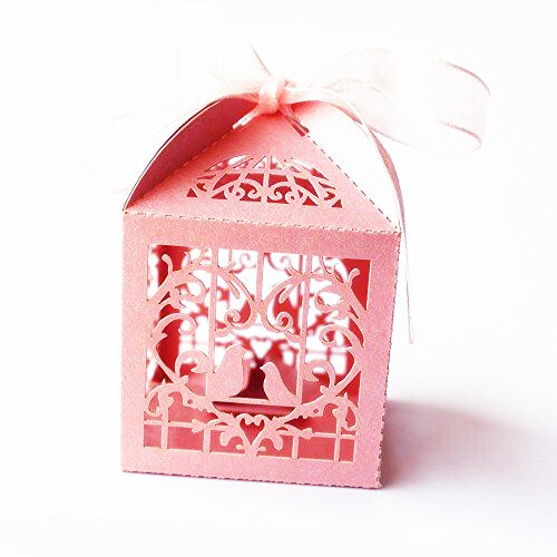 50 Piece Pack - Pink Dove Bird Heart Baby Birth naming Ceremony Bomboniere Favor Lolly Gift Card Box - Main Image