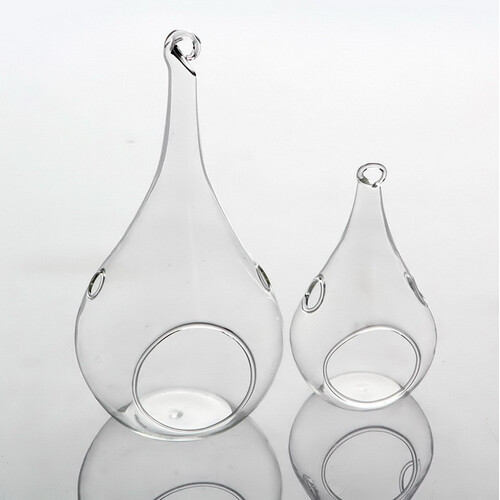 4 Pack of Hanging Clear Glass Tealight Candle Holder Tear Drop Pear Shape - 12cm High - Terrarium Plant Mini Garden Holder Decor - Main Image