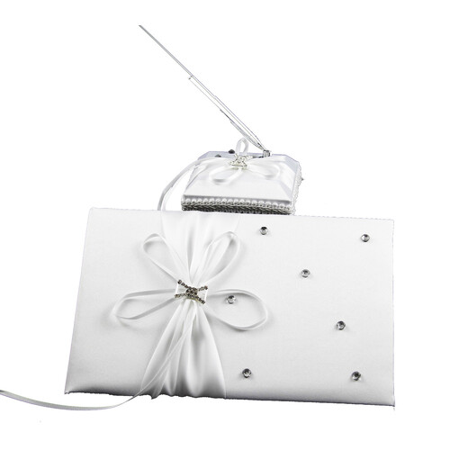 White Wedding Guest Book Register with Silver Pen Matching Stand Set 36 Lined Pages - White Ribbon and Diamante Bow Cover - Main Image