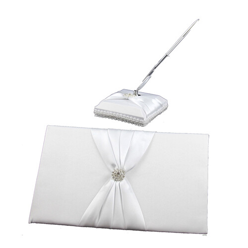 White Wedding Guest Book Register with Silver Pen Matching Stand Set 36 Lined Pages - White Sach Diamante Cover - Main Image