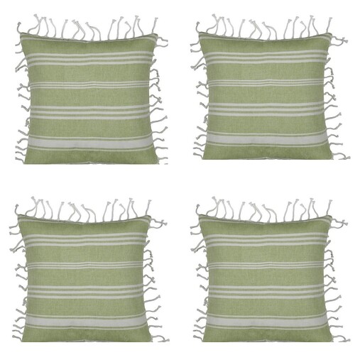 Pack of 4 Fresh Green & White Striped Cushion Cover with white knotted edging - Main Image