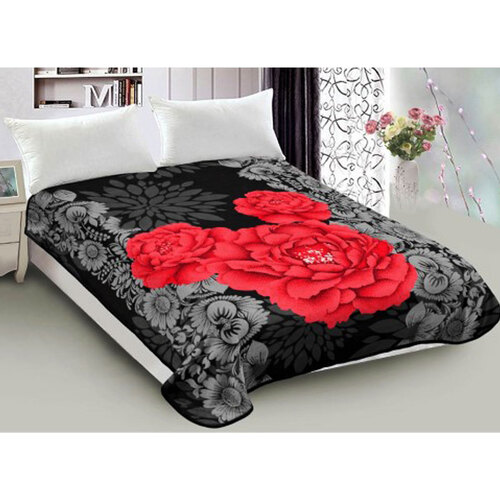 800GSM Luxury Reversible Mink Blanket Red Floral Queen 200 x 240 cm - Main Image