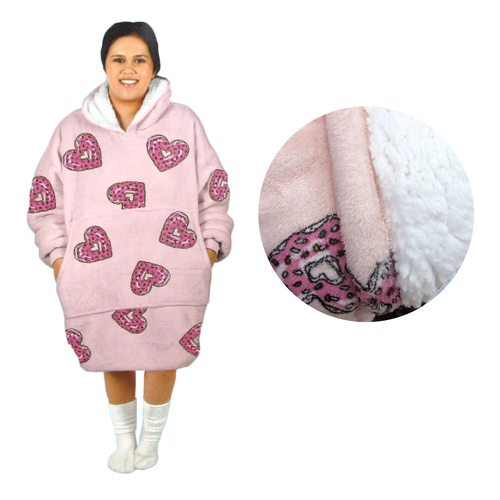 Adult Women Comfy Warm Blanket Hoodie with Sherpa Fleece Reverse Pink Hearts - Main Image