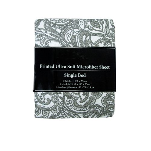 Printed Microfiber Sheet Set Single Grey Paisley - Main Image