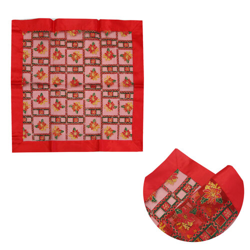 Christmas Red Festival Floral Sheer Organza Glitter Table Cloth Topper 90 x 90 cm - Main Image