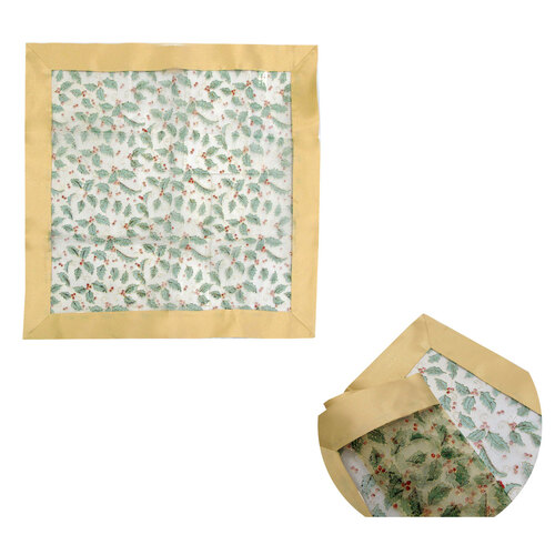Christmas Gold Holly Sheer Organza Glitter Table Cloth Topper 90 x 90 cm - Main Image
