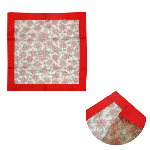 Christmas Red Joyful Floral Sheer Organza Glitter Table Cloth Topper 90 x 90 cm - Main Image