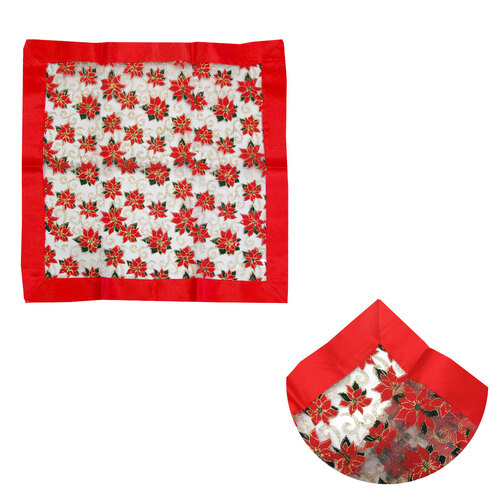 Christmas Red Poinsettia Sheer Organza Glitter Table Cloth Topper 90 x 90 cm - Main Image